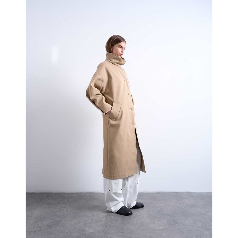 Topshop oversized clean funnel neck trench coat in beige-Neutral 111220606