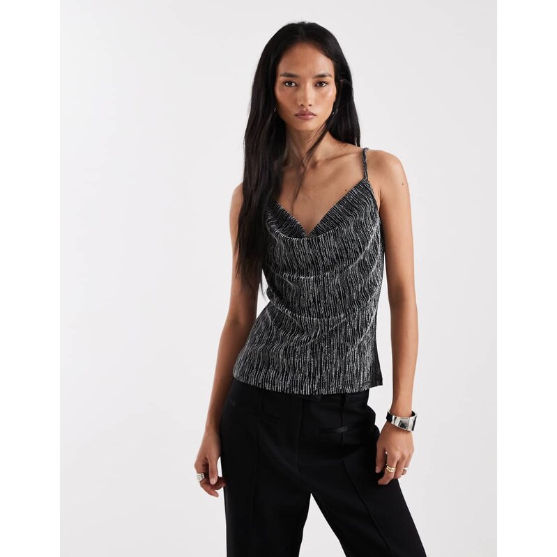Vero Moda glitter cowl neck slinky cami top in black and silver 111221066