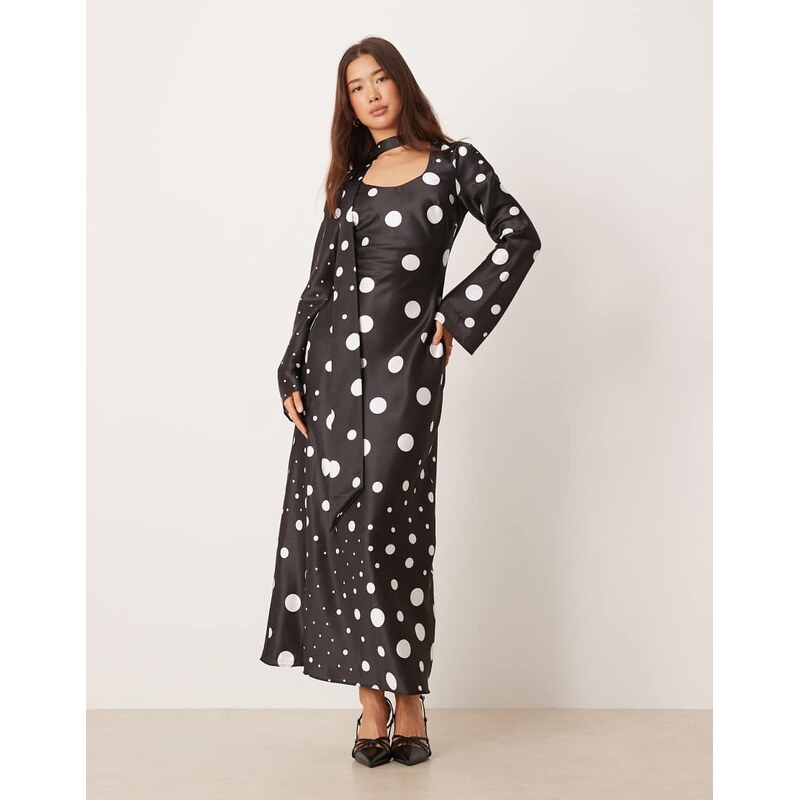 ASOS DESIGN v neck scarf detail long sleeve maxi dress in black