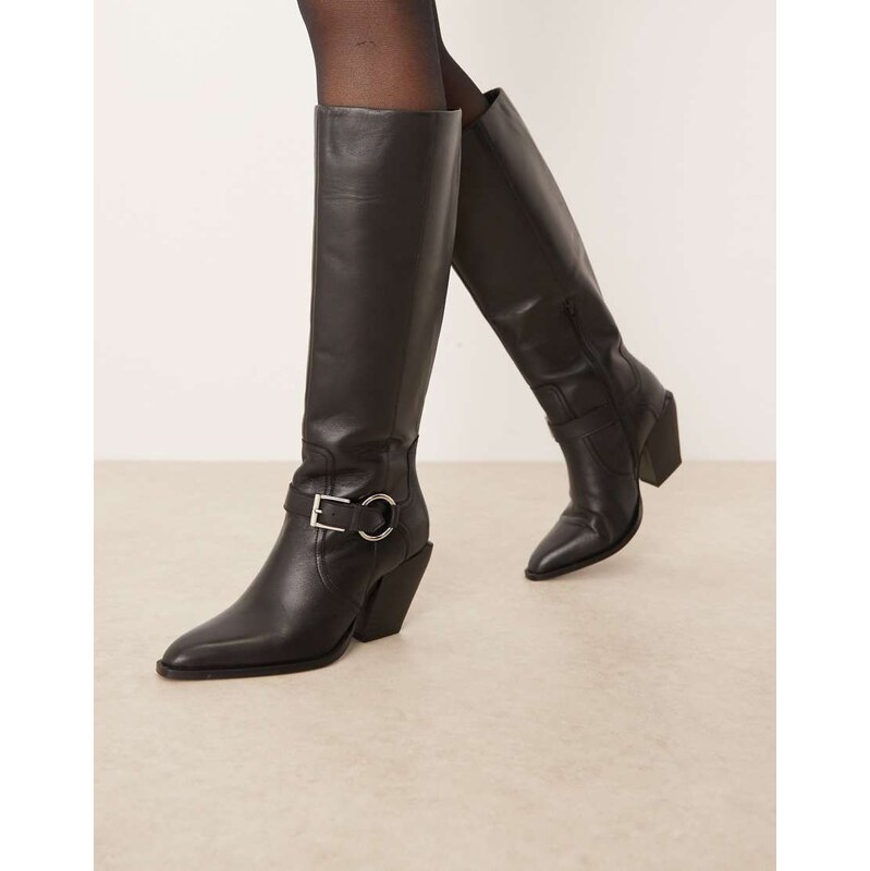 ASOS DESIGN Carson leather western pull on knee boots with harness in 114573157