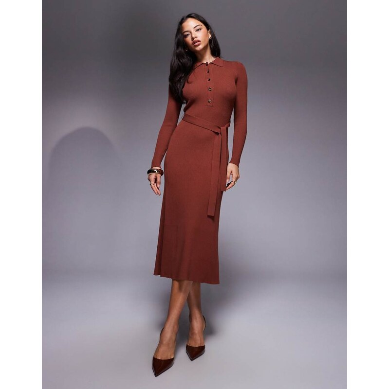 Forever New knitted button detail belted waist midi dress in rust 112168699