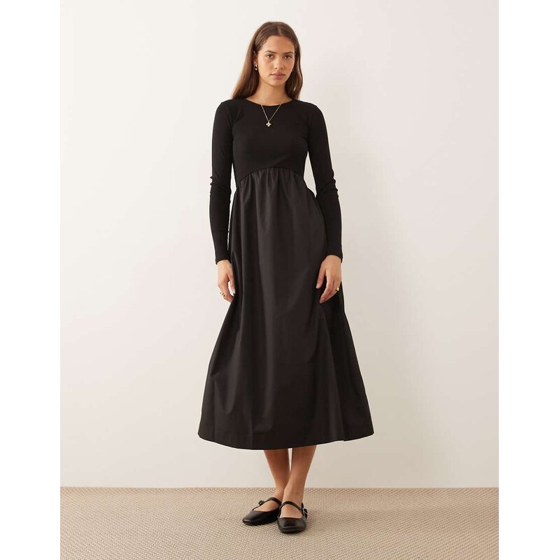 Threadbare long sleeve jersey poplin mix midi dress in black 113263405
