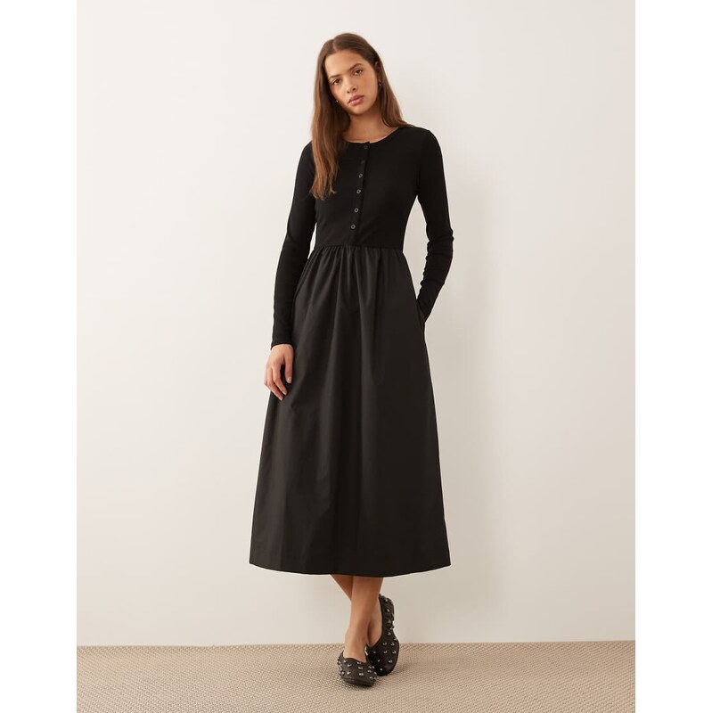 Threadbare jersey poplin mix midi dress with button through top in 114471280