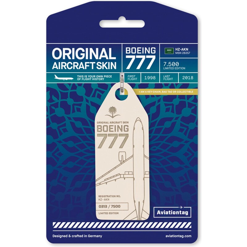 AVIATIONTAG Přívěsek z letadla Boeing 777 HZ-AKN béžový