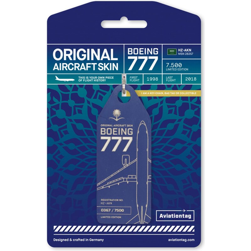 AVIATIONTAG Přívěsek z letadla Boeing 777 HZ-AKN modrý 111230502