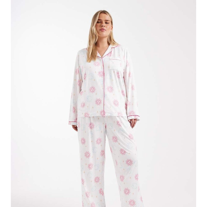 Loungeable Curve super soft jersey revere top and wide leg pyjama set 115516424
