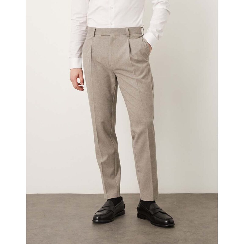 ASOS DESIGN smart pleated flannel tapered trousers in grey melange