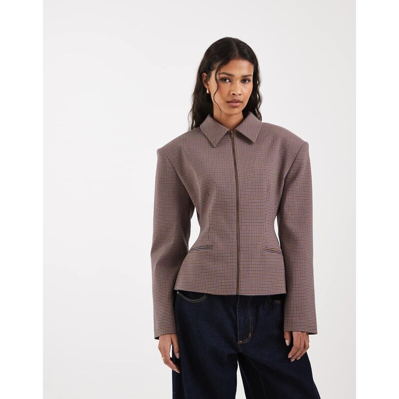 ASOS DESIGN zip up cinch tailored jacket in micro check-Multi