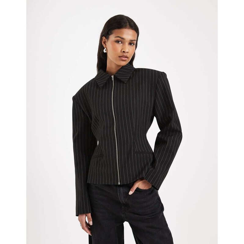 ASOS DESIGN zip up cinch tailored jacket in black pinstripe 115655585