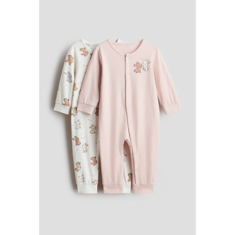 H&M - Bavlněný pyžamový overal 2 kusy - Světle Růžová/Králíčci