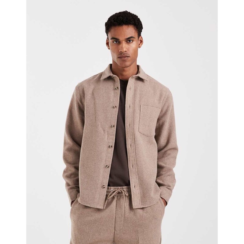 ASOS DESIGN co-ord textured overshirt with wool in beige-Neutral