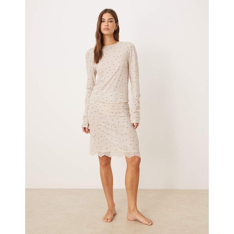 ASOS DESIGN Honey slinky polka dot midi skirt with lace trim in cream-Brown