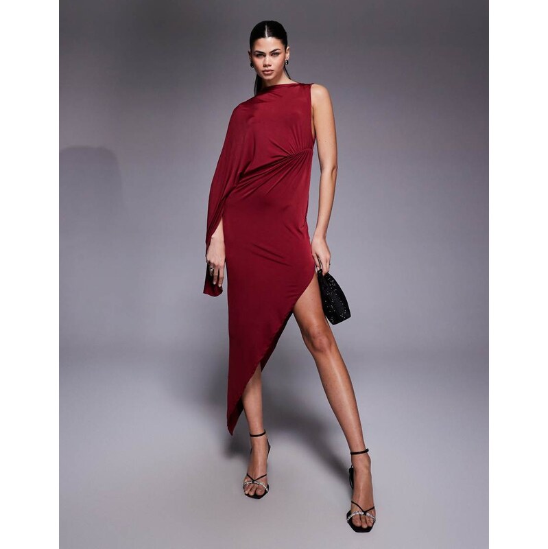 ASOS DESIGN one sleeve draped maxi dress in burgundy-Red