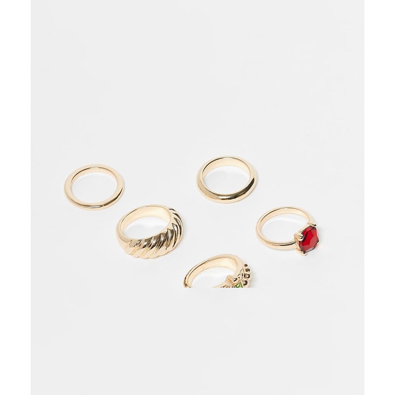 Reclaimed Vintage 5 layering dainty ring pack with faux stones in gold 111290102
