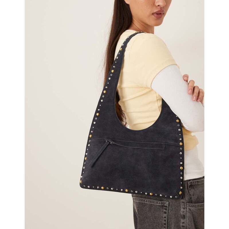 Mango slouchy suede studded shoulder bag in navy 111258811