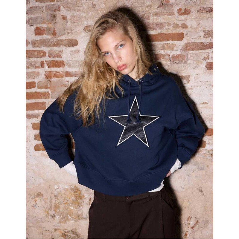 Stradivarius Star hood sweatshirt in navy blue