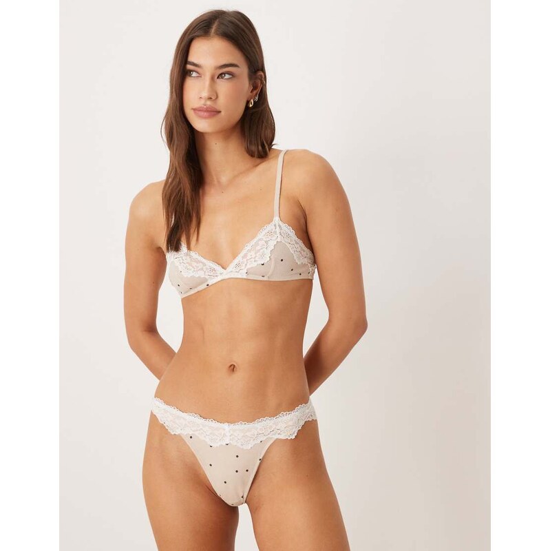 ASOS DESIGN Honey slinky polka dot thong with lace trim in cream-Brown 115516479
