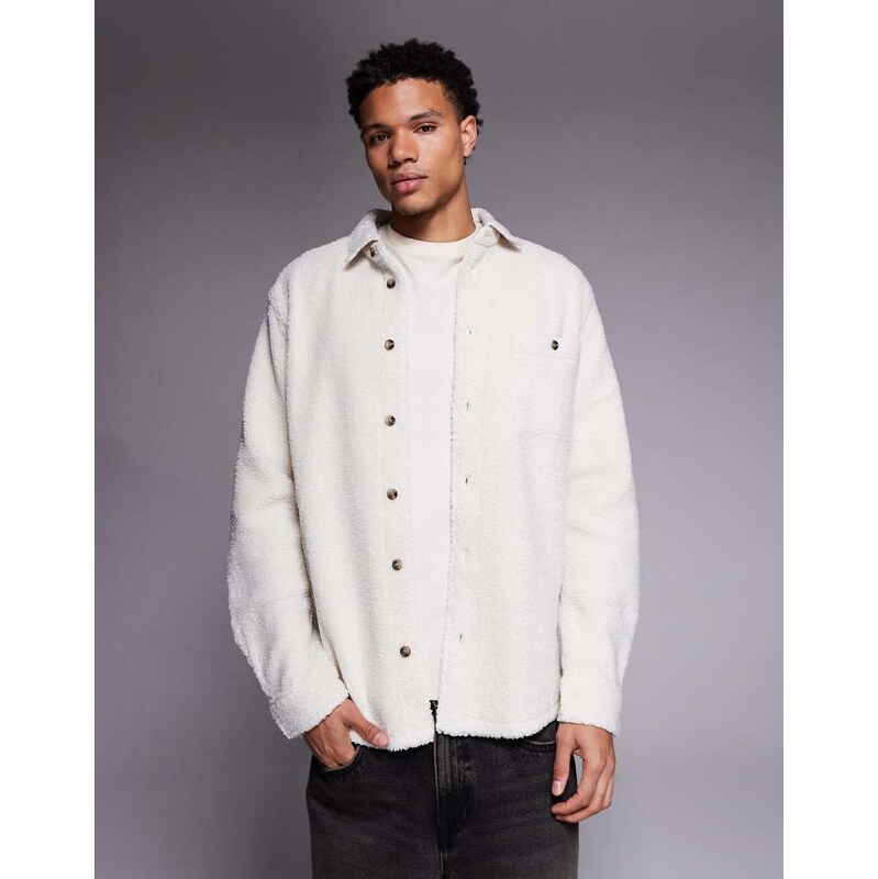 ASOS DESIGN borg overshirt in ecru-White