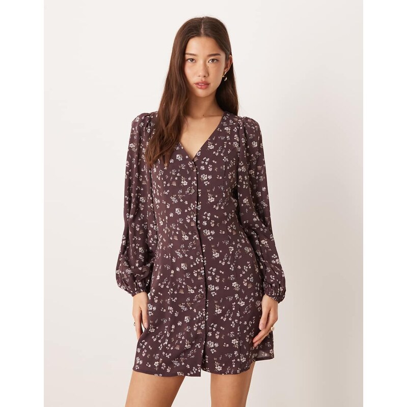 Glamorous long sleeve mini tea dress with tie front in brown