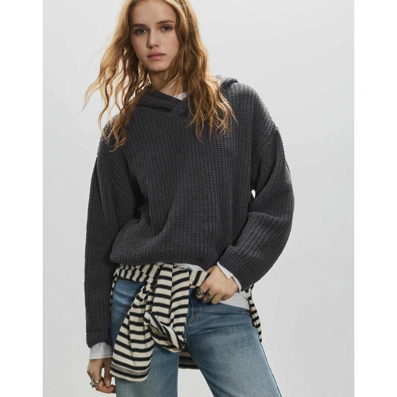 Pull&Bear Chenille hooded sweater in lead-Grey