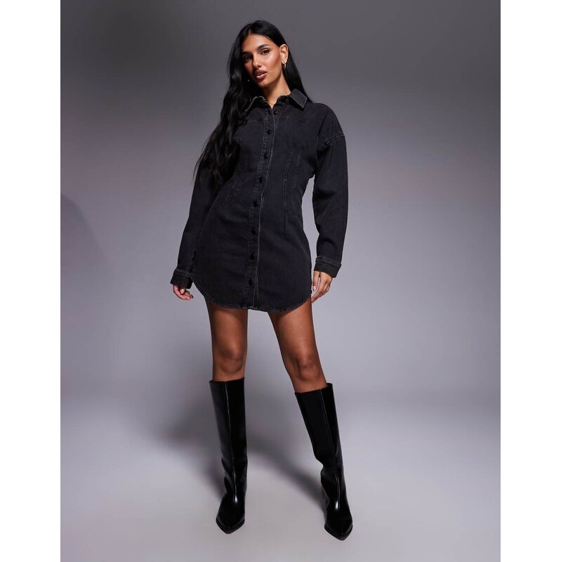 Good American denim cinched waist curve hem shirt dress in black