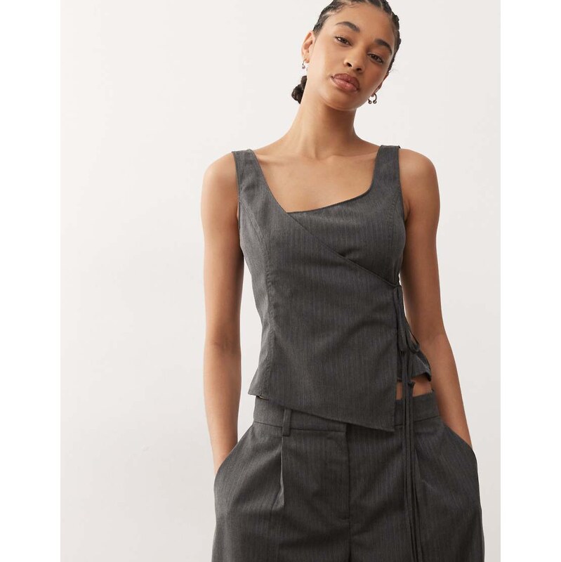 Weekday co-ord wrap top in grey pinstripe