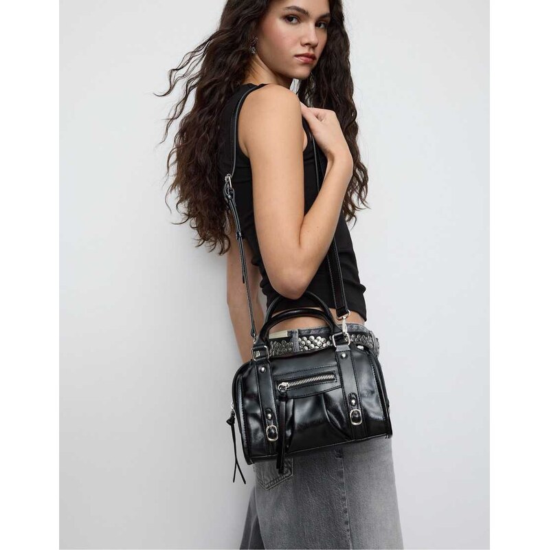 Stradivarius Faux leather crossbody bowling bag in black 111274037