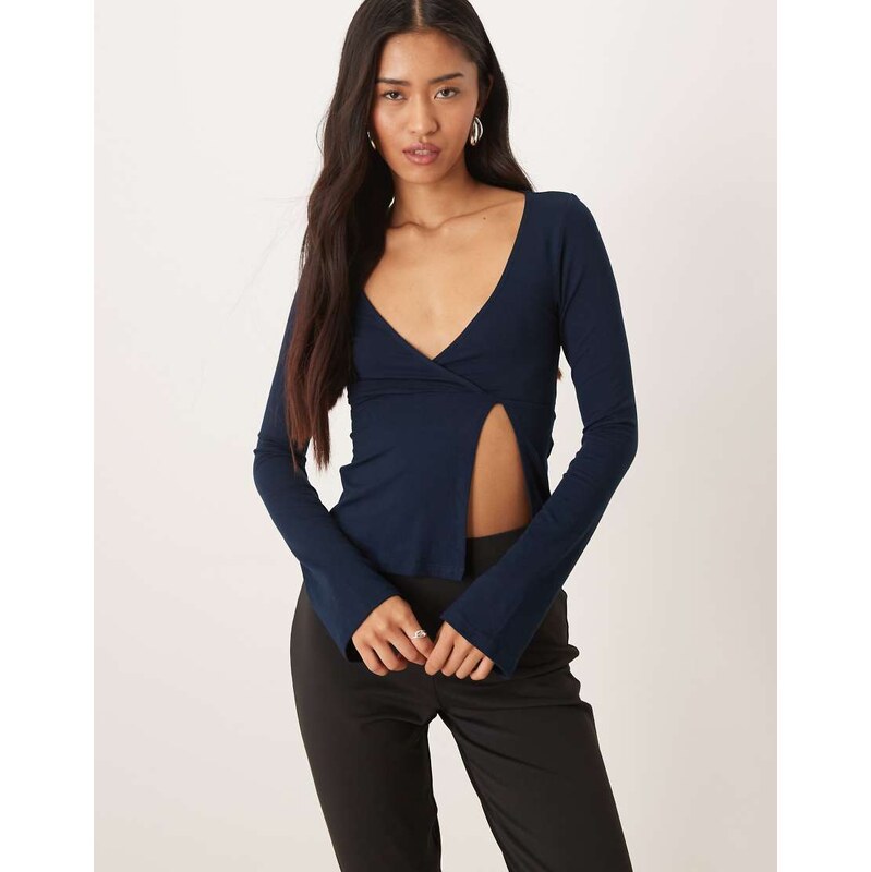 Motel Lamae wrap detail long sleeve top in navy