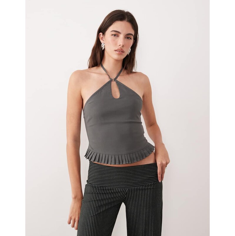 Motel Lavena ruffle edged halter top in slate grey