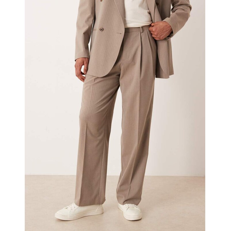 ASOS DESIGN wide suit trousers in neutral pinstripe