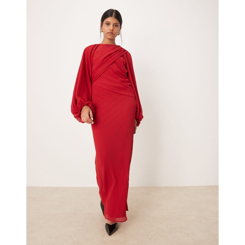 ASOS DESIGN drape front maxi dress with blouson sleeve in red