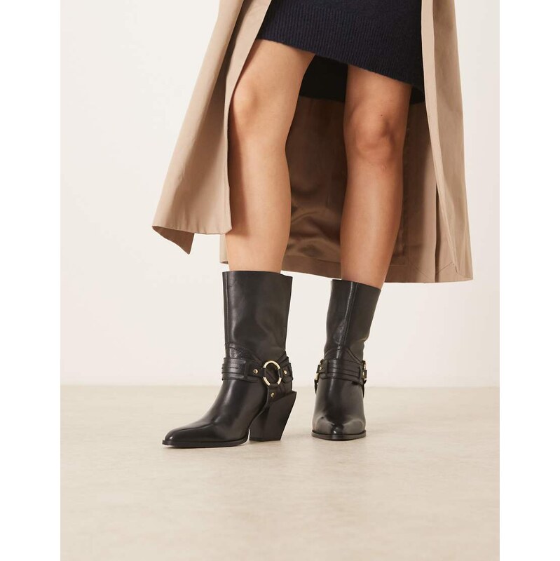ASOS DESIGN Elena leather western ankle boot with harness in black 111287756