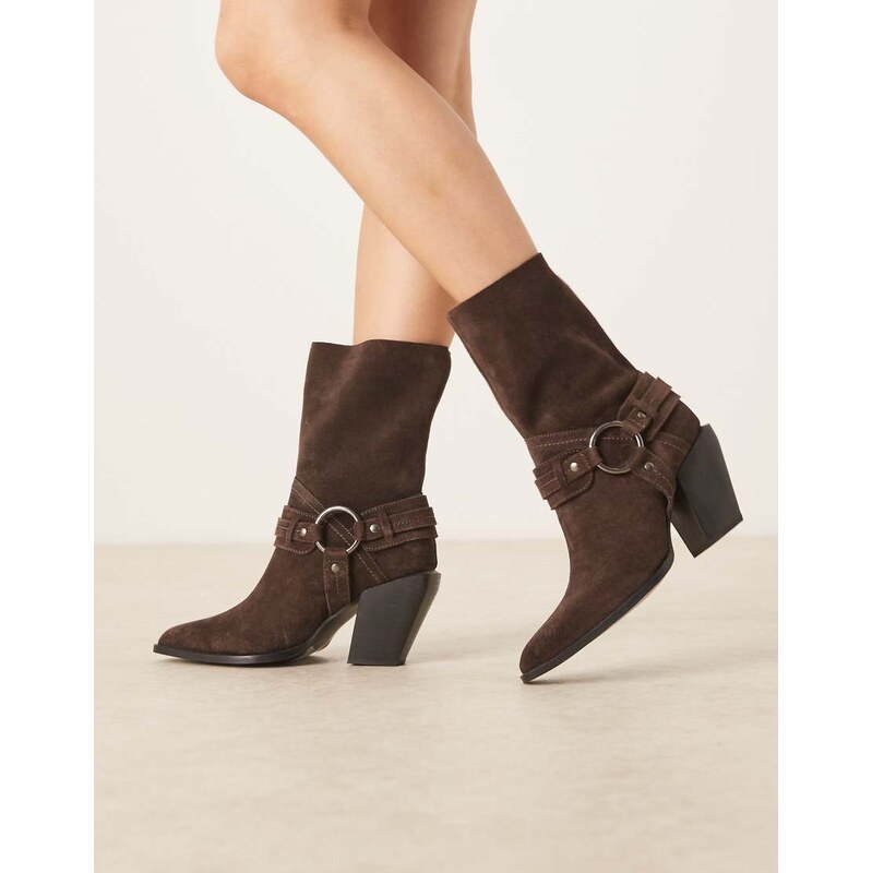 ASOS DESIGN Elena suede western ankle boot with harness in chocolate 115513423