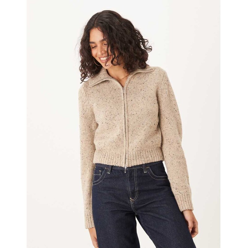 Abercrombie & Fitch double zip foldover collar cardigan in beige 111287763