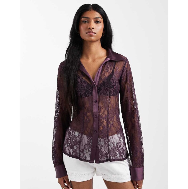 Miss Selfridge fitted lace shirt-Purple 111288876