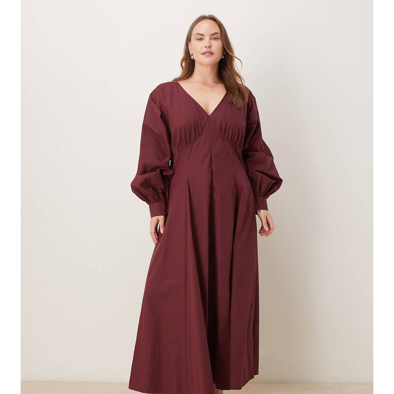 ASOS Curve ASOS DESIGN Curve long sleeve v neck poplin maxi dress in 115718880
