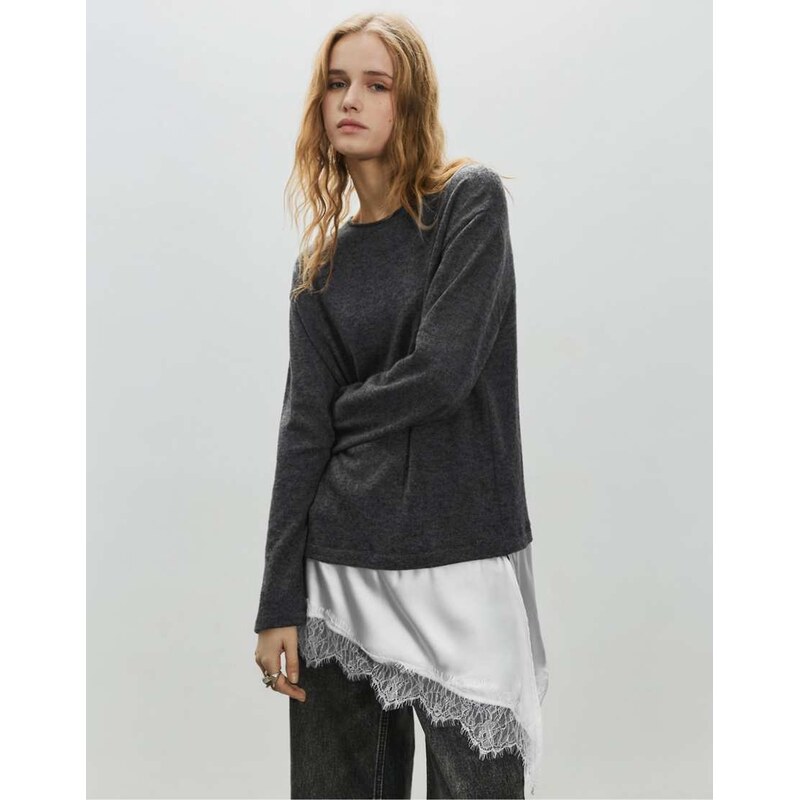 Pull&Bear Combined lace t-shirt in dark grey 111287805