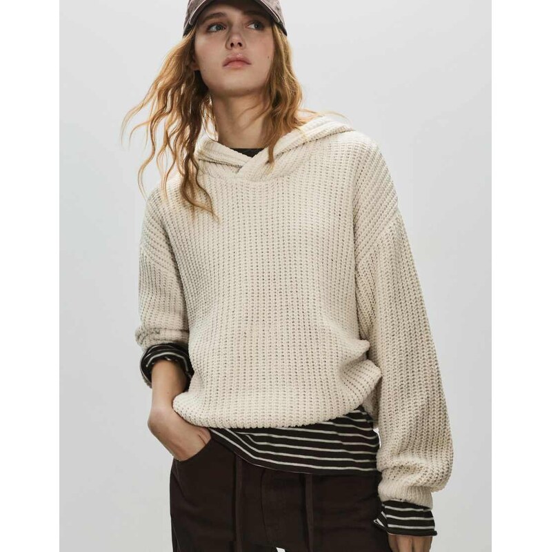 Pull&Bear Chenille hooded sweater in sand-Neutral