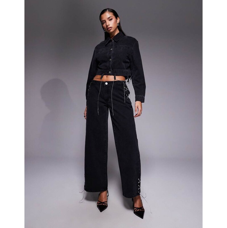 Liquor N Poker baggy chain detail jean co-ord in black 111321926