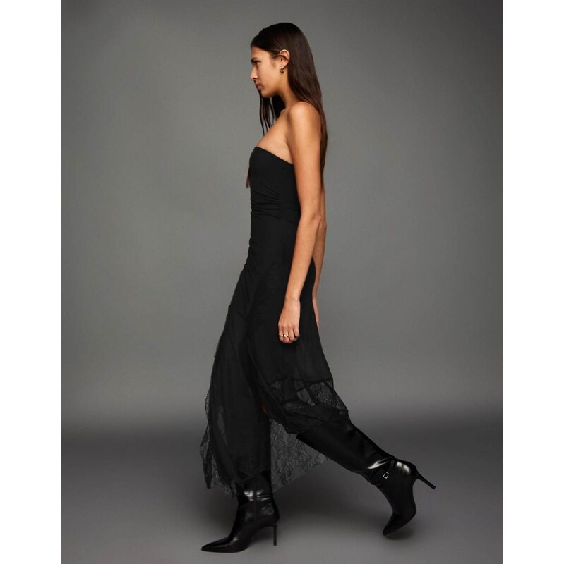 Bershka Asymmetric lace bandeau tulle midi dress in black 111321946