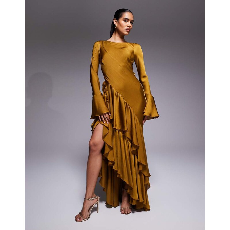 ASOS DESIGN long sleeve ruffle maxi dress with open back in