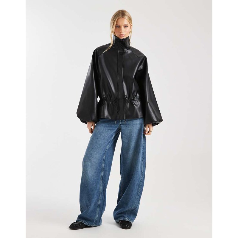 ASOS DESIGN gathered waist bubble pu jacket in black