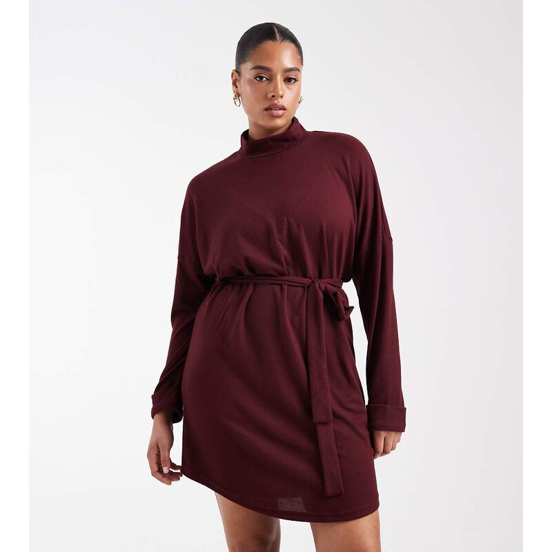 Noisy May Curve tie waist high neck knitted jumper dress in burgundy 111288896