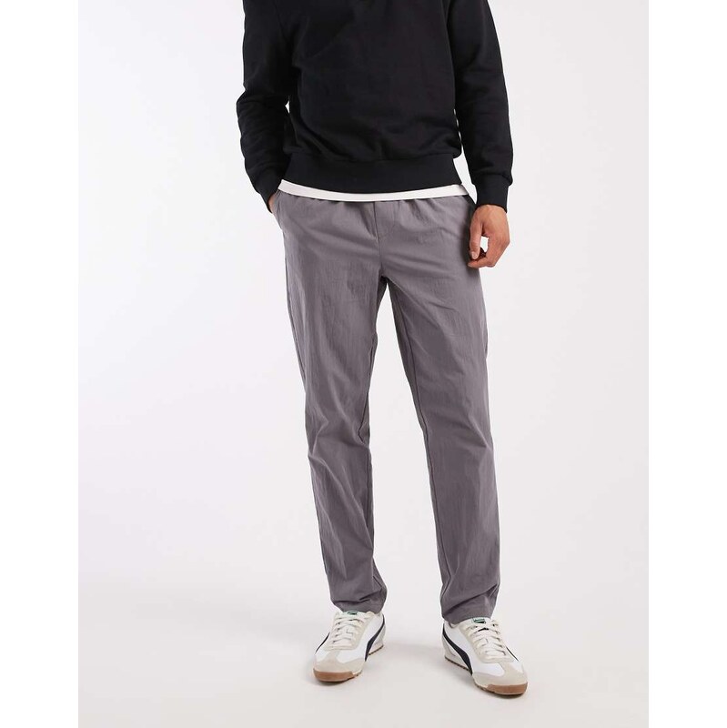 ASOS DESIGN tapered trousers in charcoal nylon with buckle-Grey