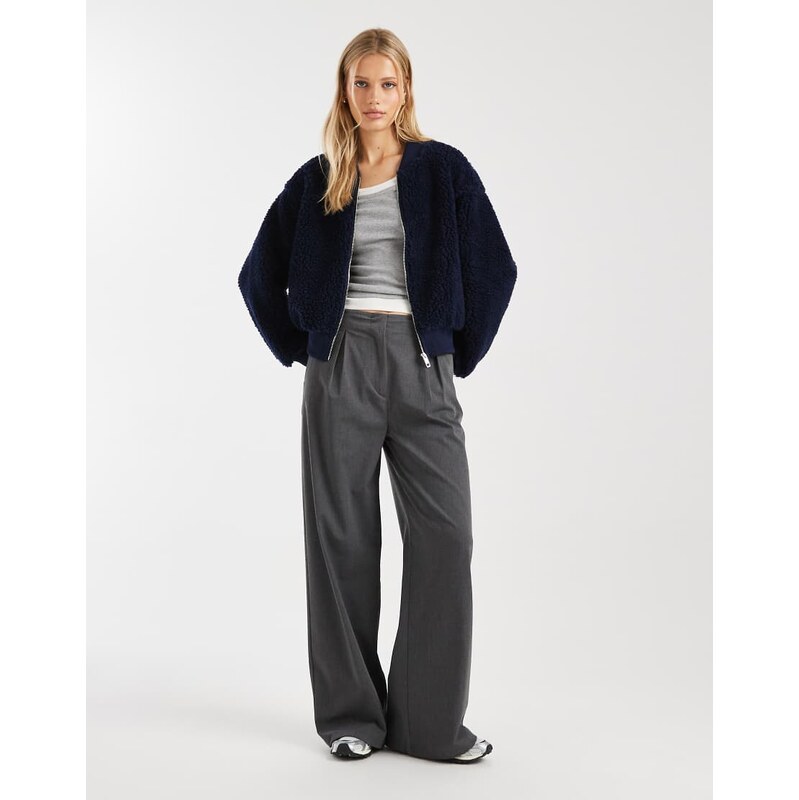 ASOS DESIGN borg bomber jacket in navy-Black