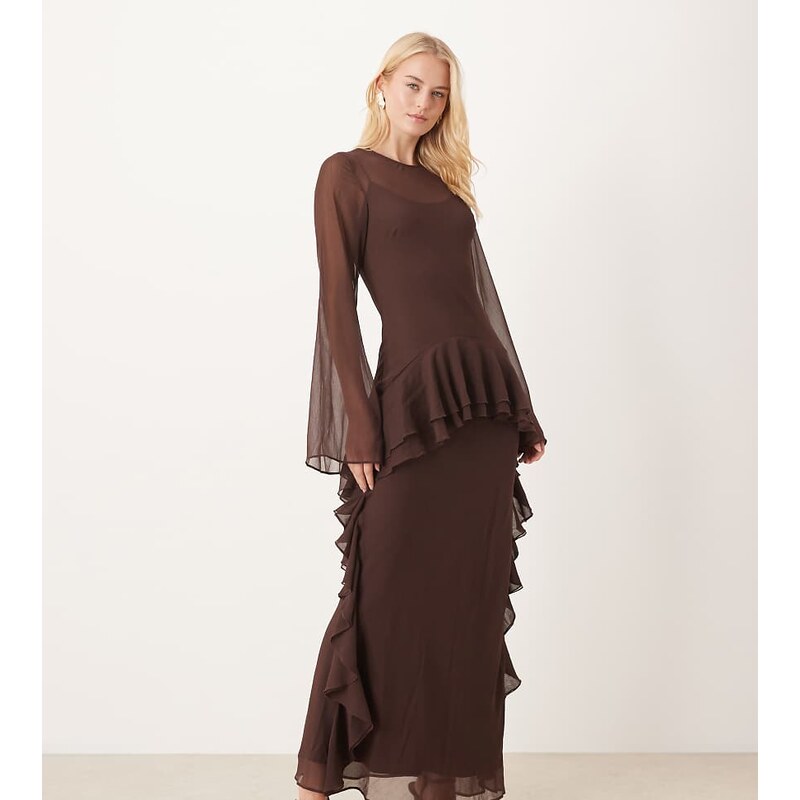 ASOS Tall ASOS DESIGN Tall long sleeve frill hem chiffon maxi dress in 115513537