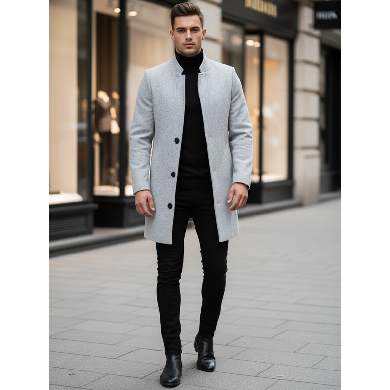 BASIC Světle šedý pánský delší kabát CX0428