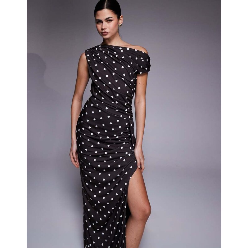 TFNC slinky asymmetric shoulder thigh split maxi dress in chocolate 111318279