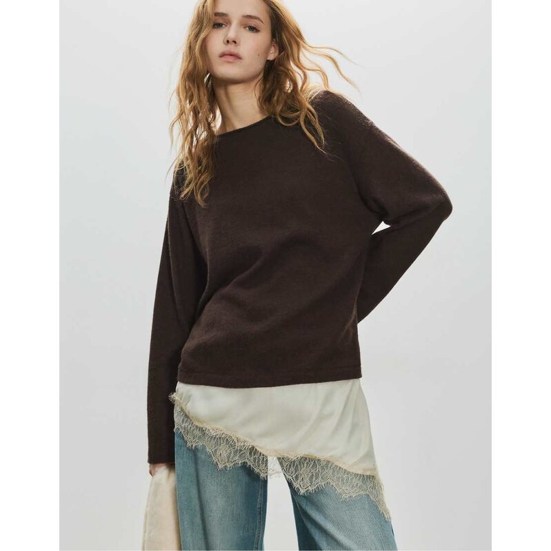 Pull&Bear Combined lace t-shirt in brown 111318309