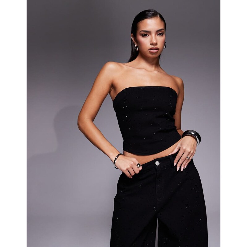 Liquor N Poker denim embellished corset top co-ord in black 111321928